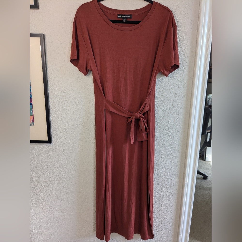 Catherine Malandrino Maxi Dress L Soft Stretch Knit Tie At Waist Rust Excellent